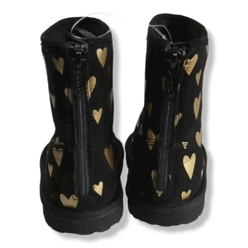 GAP Toddler Size 10 Black Metallic Gold Heart Sherpa Boots Back Zip Cozy Fall
